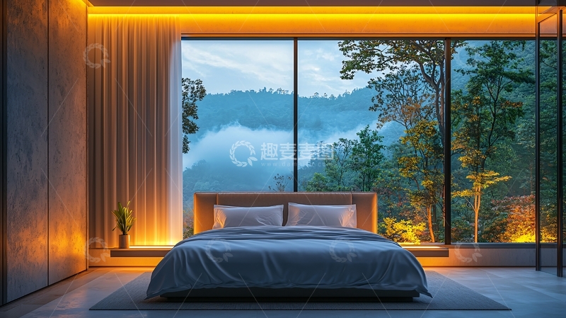 高清大图下载【趣麦麦图】极简风格卧室落地窗夜景