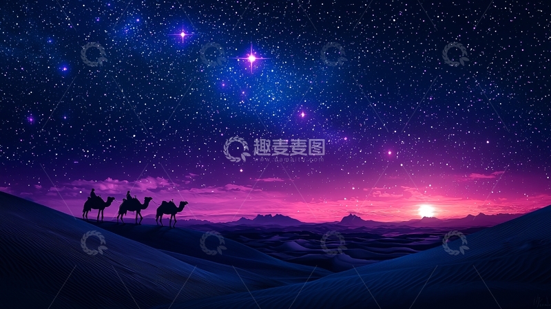 高清大图下载【趣麦麦图】沙漠星空骆驼剪影