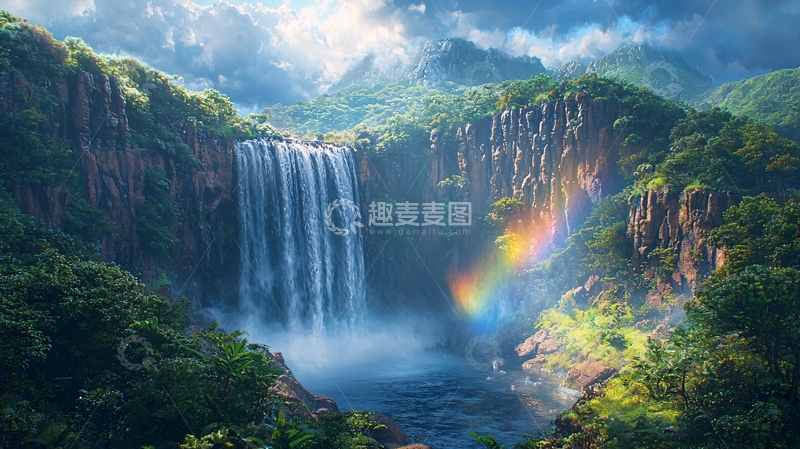 高清大图下载【趣麦麦图】壮丽瀑布彩虹山谷