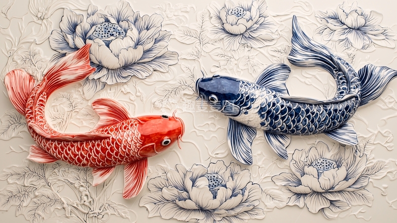 高清大图下载【趣麦麦图】红白鲤鱼浮雕瓷砖