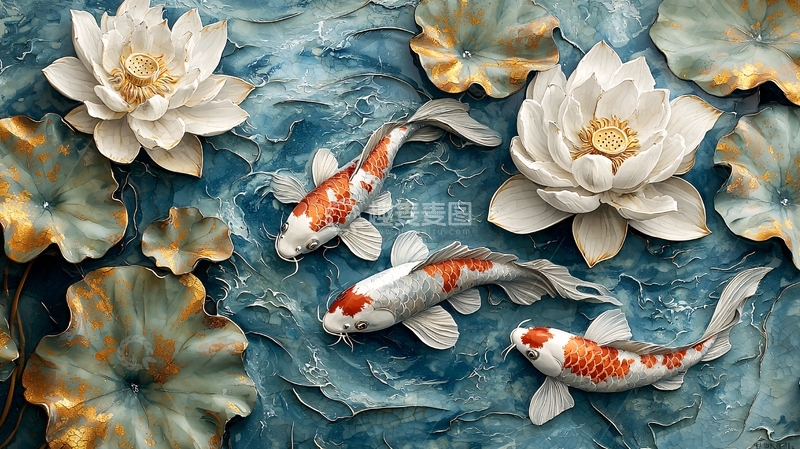 高清大图下载【趣麦麦图】蓝底白莲鲤鱼图