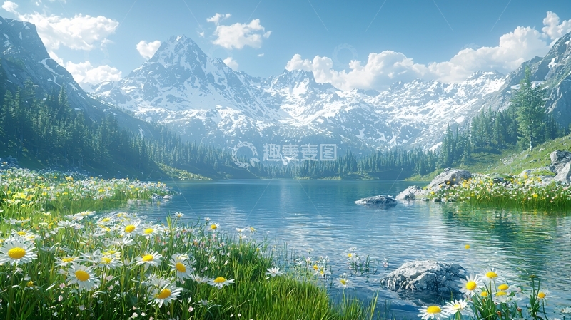 高清大图下载【趣麦麦图】雪山湖泊鲜花盛开
