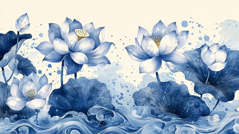 高清大图下载【趣麦麦图】水墨青花荷花图