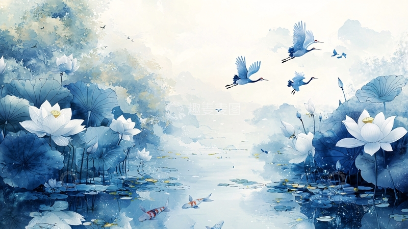 高清大图下载【趣麦麦图】水墨蓝莲花鹤