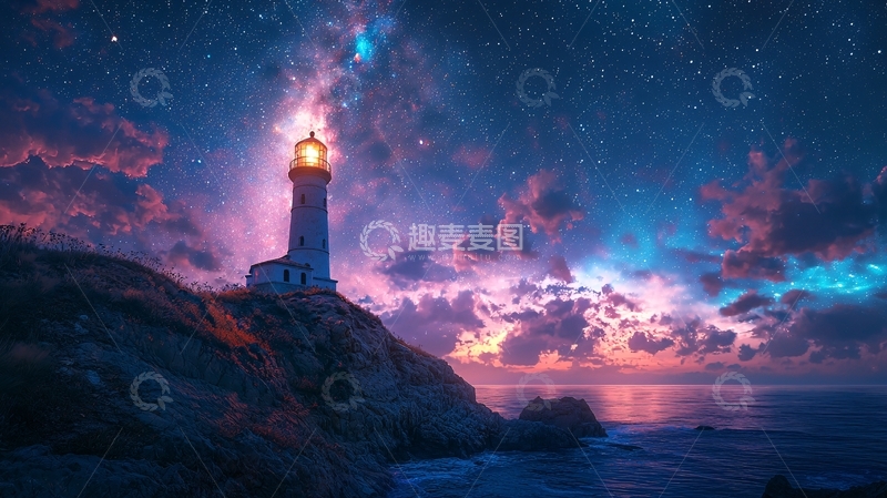 高清大图下载【趣麦麦图】星空下的灯塔
