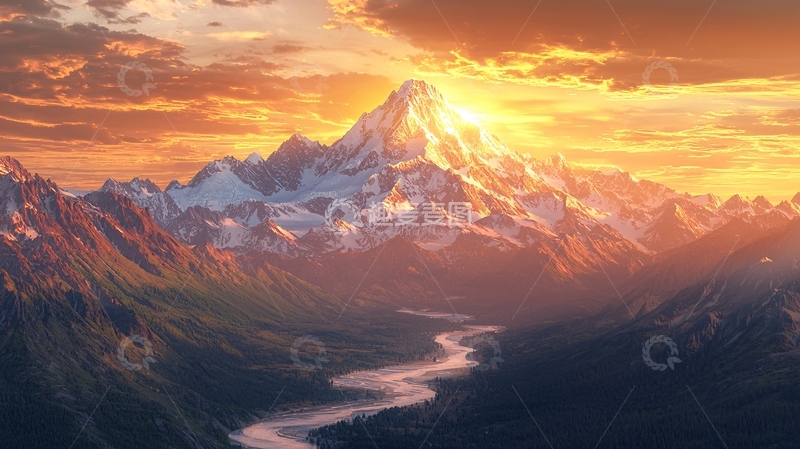 高清大图下载【趣麦麦图】日出雪山河流峡谷风景