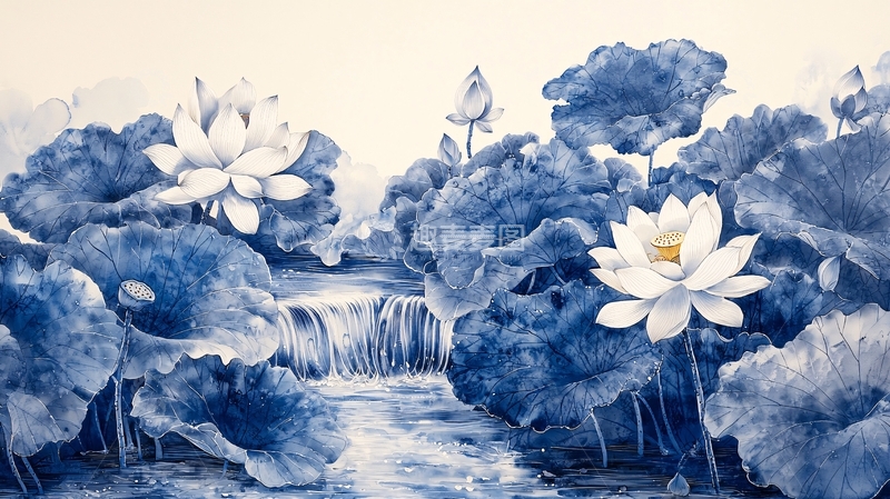 高清大图下载【趣麦麦图】水墨蓝莲花