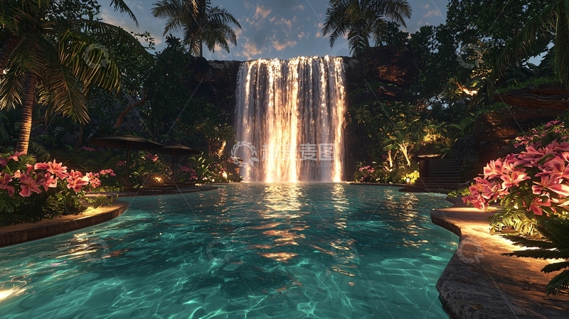 高清大图下载【趣麦麦图】夜晚瀑布泳池