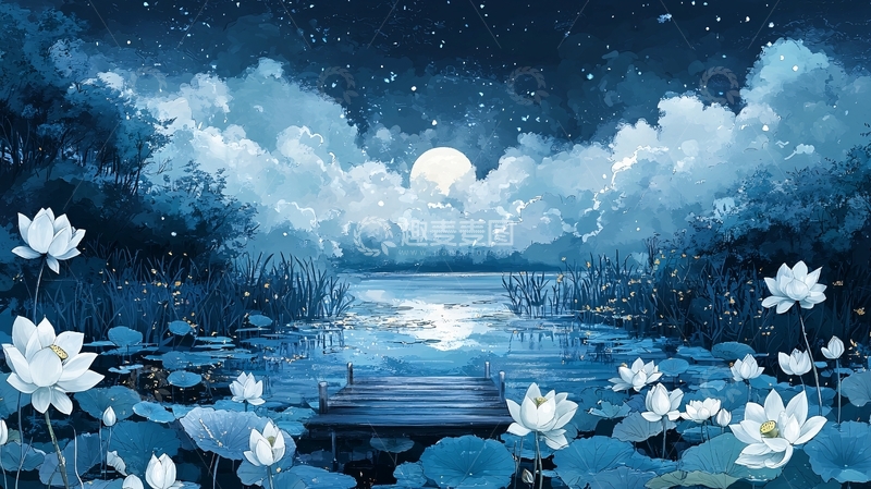 高清大图下载【趣麦麦图】水墨画风格月光荷塘