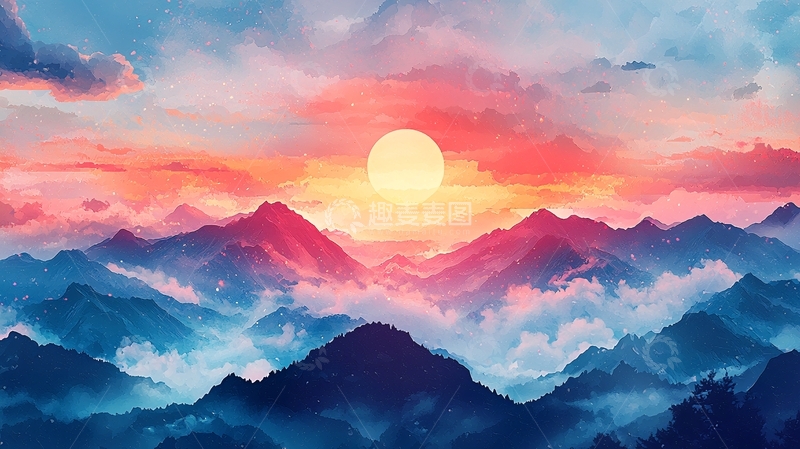 高清大图下载【趣麦麦图】彩色山脉日出