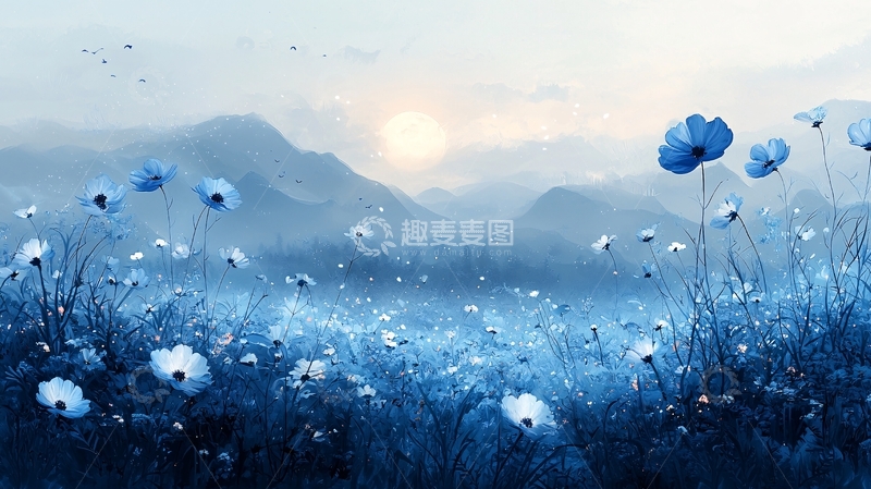 高清大图下载【趣麦麦图】蓝花田园梦幻日出