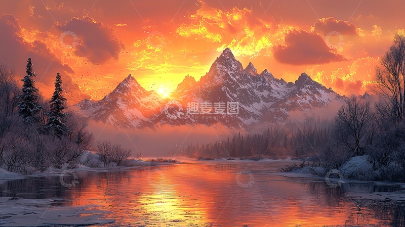 高清大图下载【趣麦麦图】火焰般夕阳下的雪山河流