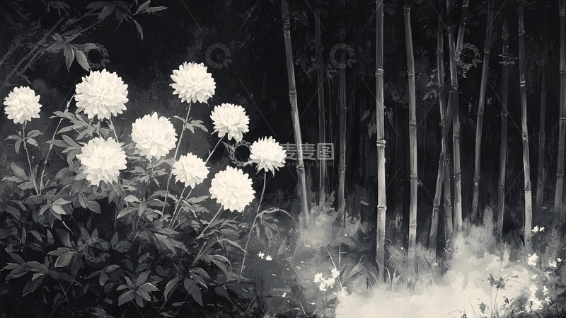 高清大图下载【趣麦麦图】黑夜竹林白花
