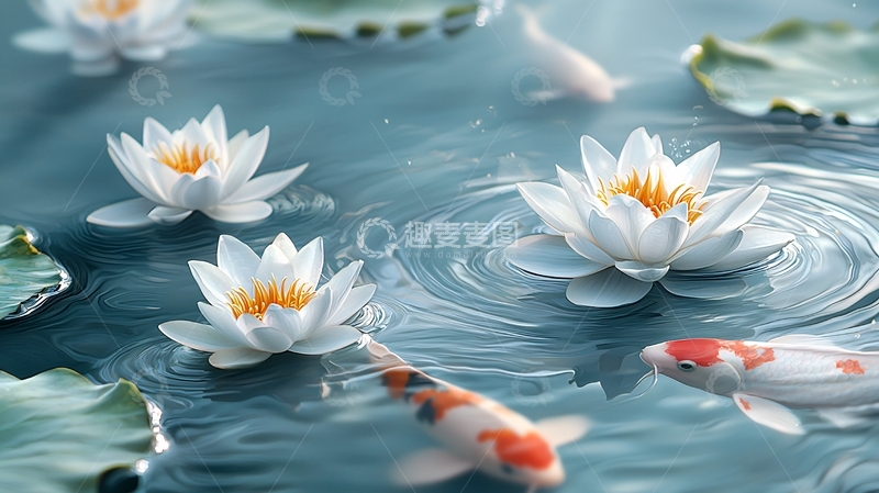 高清大图下载【趣麦麦图】水面睡莲和锦鲤