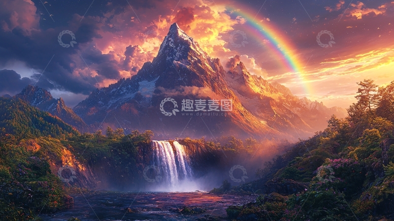 高清大图下载【趣麦麦图】壮丽山峰彩虹瀑布美景