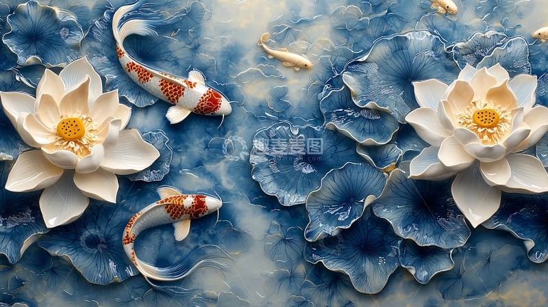 高清大图下载【趣麦麦图】蓝底白莲鲤鱼图