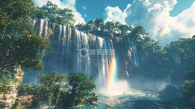 高清大图下载【趣麦麦图】梦幻瀑布彩虹风景