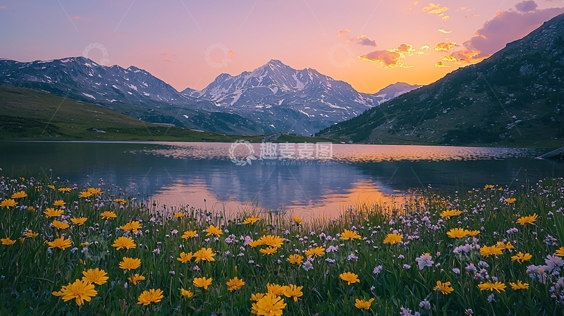高清大图下载【趣麦麦图】雪山湖泊日落花海