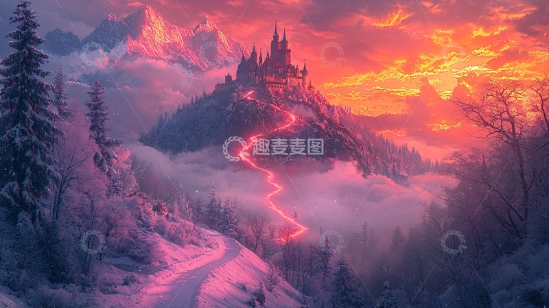 高清大图下载【趣麦麦图】雪山城堡日落