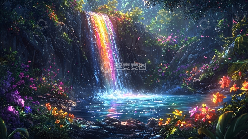 高清大图下载【趣麦麦图】梦幻森林彩虹瀑布