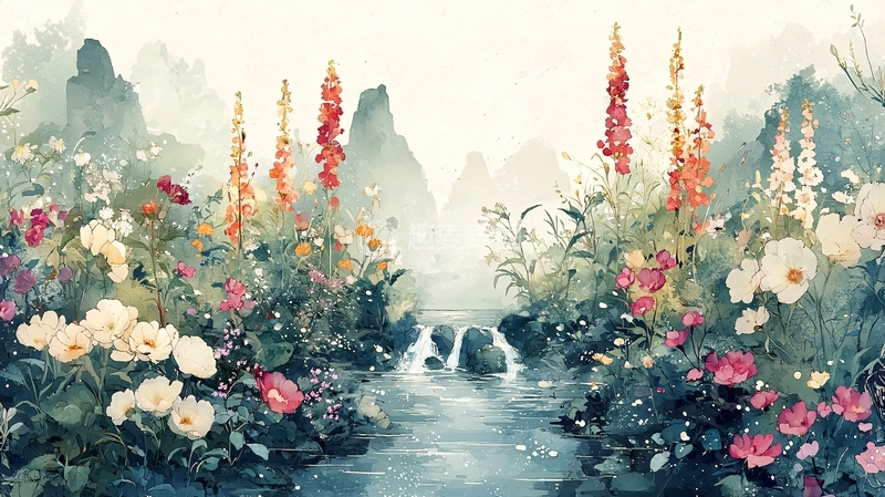 高清大图下载【趣麦麦图】雾气朦胧山间溪流