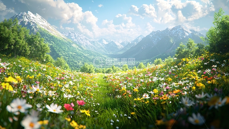 高清大图下载【趣麦麦图】阳光明媚的阿尔卑斯山花田