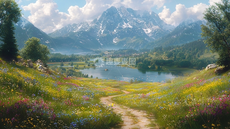 高清大图下载【趣麦麦图】山间湖泊鲜花小路