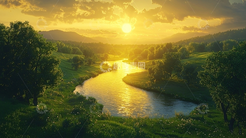 高清大图下载【趣麦麦图】夕阳西下河流山川