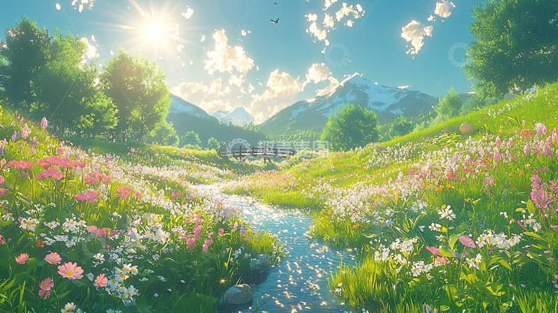 高清大图下载【趣麦麦图】阳光下的花海溪流