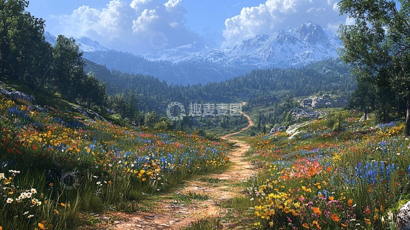 高清大图下载【趣麦麦图】山间小路鲜花盛开