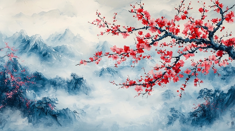 高清大图下载【趣麦麦图】水墨红梅山峦
