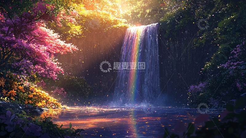 高清大图下载【趣麦麦图】梦幻森林瀑布彩虹