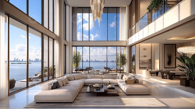 高清大图下载【趣麦麦图】现代极简风海景豪宅客厅