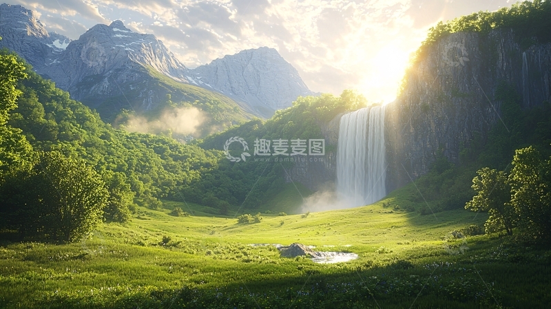 高清大图下载【趣麦麦图】阳光洒在山谷瀑布
