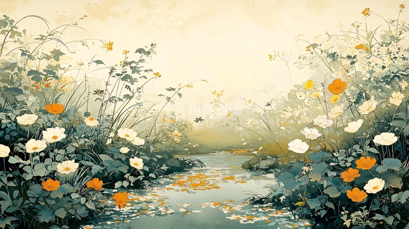 高清大图下载【趣麦麦图】水彩花田小溪