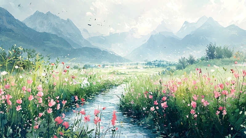高清大图下载【趣麦麦图】梦幻山谷花田溪流