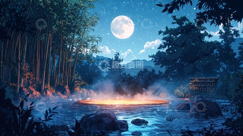 高清大图下载【趣麦麦图】月光下的竹林温泉