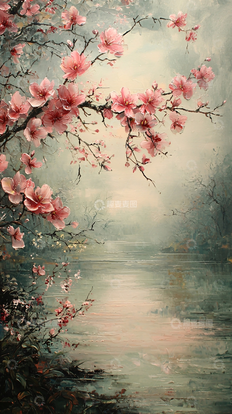 高清大图下载【趣麦麦图】粉红色桃花水彩画