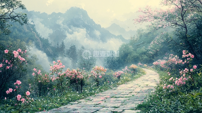 高清大图下载【趣麦麦图】雾气山路花海