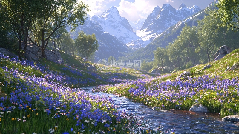 高清大图下载【趣麦麦图】山谷溪流紫花田园风光