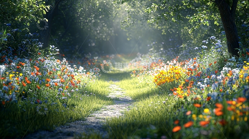 高清大图下载【趣麦麦图】阳光森林小路鲜花