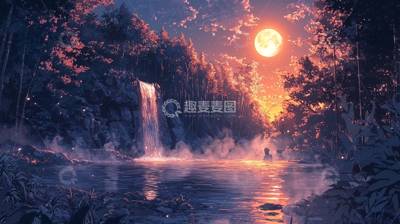 高清大图下载【趣麦麦图】梦幻森林瀑布月夜