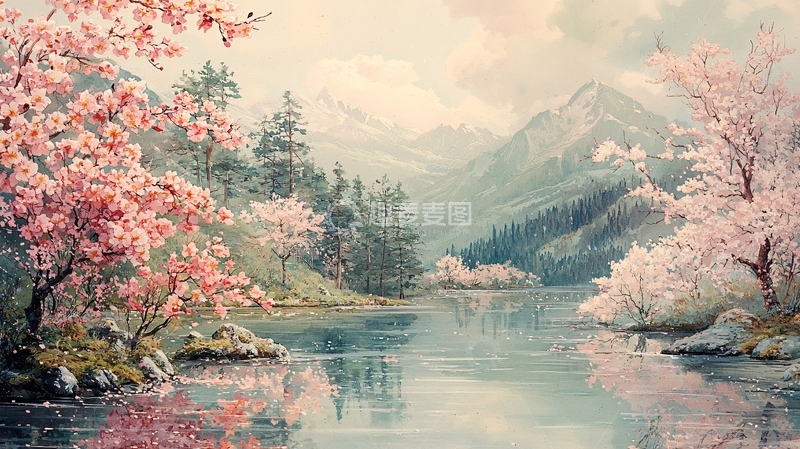 高清大图下载【趣麦麦图】粉红色的樱花树与山峰湖泊