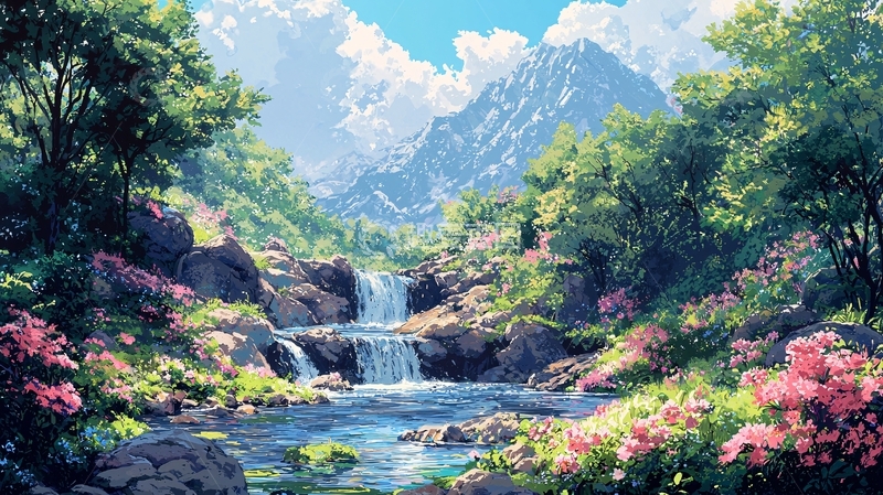 高清大图下载【趣麦麦图】阳光下的瀑布山景