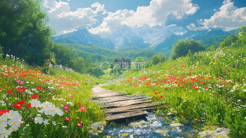 高清大图下载【趣麦麦图】山间小路花海美景