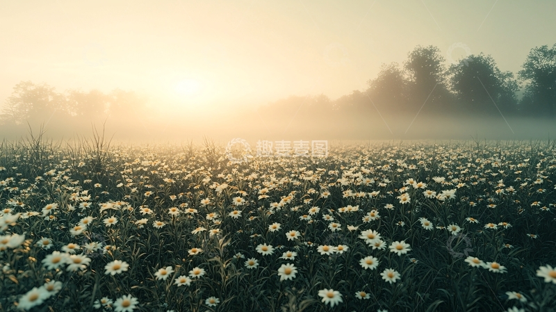 高清大图下载【趣麦麦图】晨曦雾气中盛开的雏菊花田
