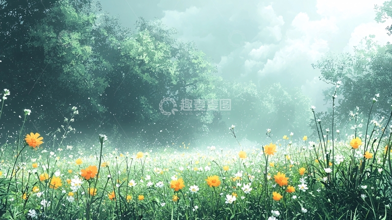高清大图下载【趣麦麦图】雾气弥漫的野花田