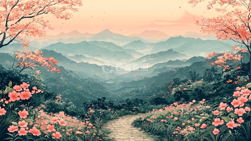 高清大图下载【趣麦麦图】粉色花海山峦日出
