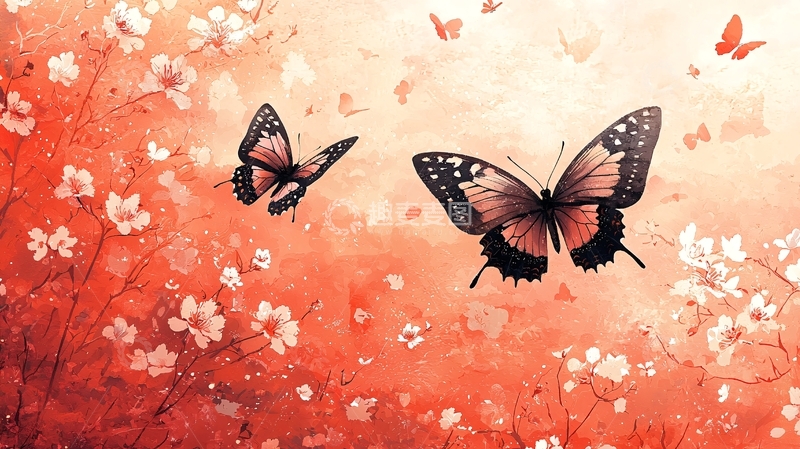 高清大图下载【趣麦麦图】橙色花海中飞舞的两只蝴蝶