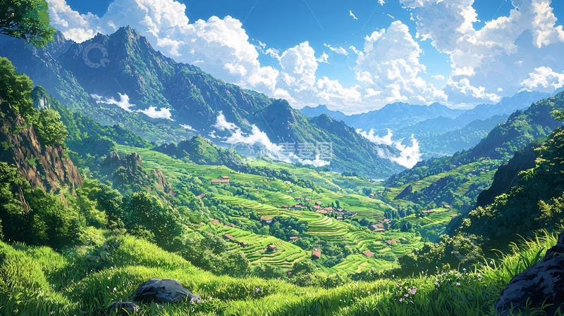高清大图下载【趣麦麦图】山峦叠嶂的绿色田园风光